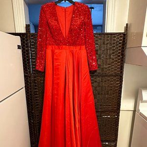 Red Sequin V Neck Ball Gown Long Sleeve Prom Pageant Dress Size 16